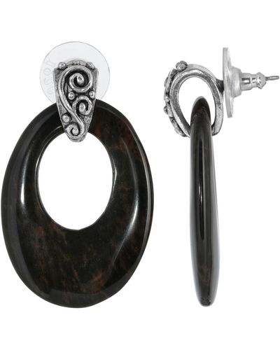 2028 Pewter Semi Precious Oval Obsidian Hoop Earrings - Brown
