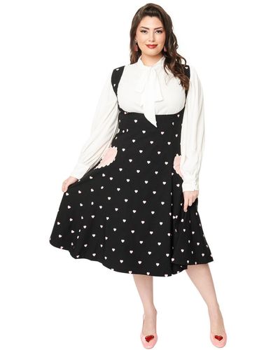 Unique Vintage Plus Size Black & Pink Heart Amma Suspender Swing Skirt