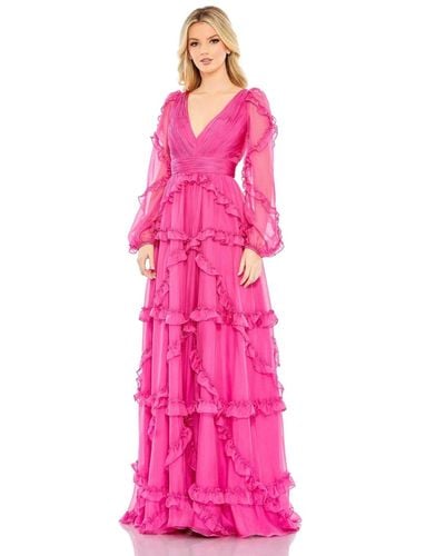 Mac Duggal Cascaded Ruffle Puff Sleeve A Line Gown - Pink