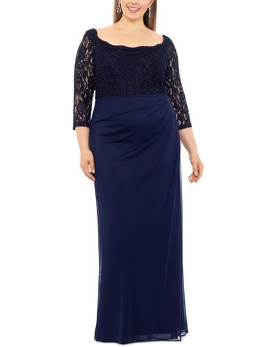 Betsy & Adam Plus Size Beaded Lace Scoop-neck Gown - Blue