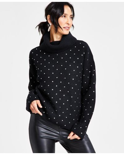 INC International Concepts Metallic-knit Studded Turtleneck Sweater - Black