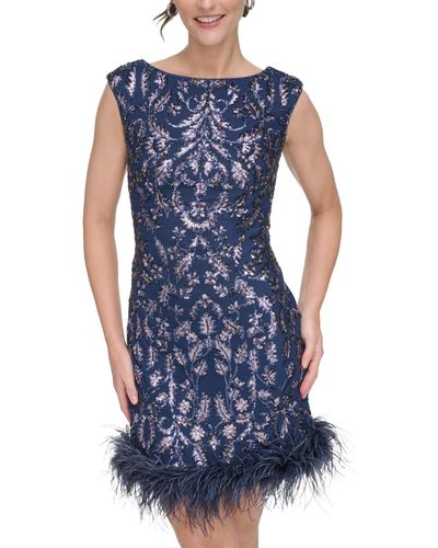 Eliza J Petite Feather-trim Sequin Sheath Dress - Blue