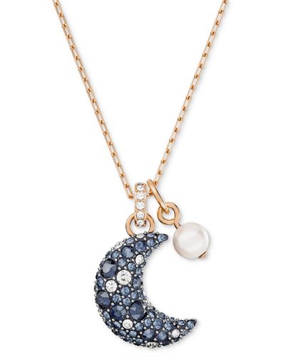 Swarovski Rose Gold-tone Crystal Moon & Imitation Pearl Pendant Necklace - Metallic