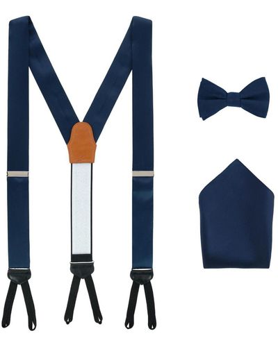 Trafalgar Sutton Solid Color Silk Brace Bow Tie & Pocket Square Combo - Blue