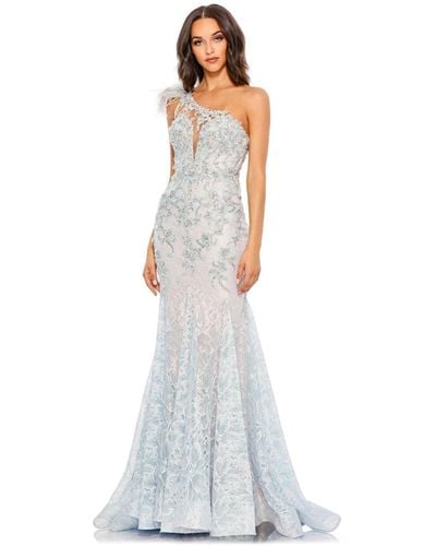 Mac Duggal Embroidered Applique Feathered One Shoulder Gown - White