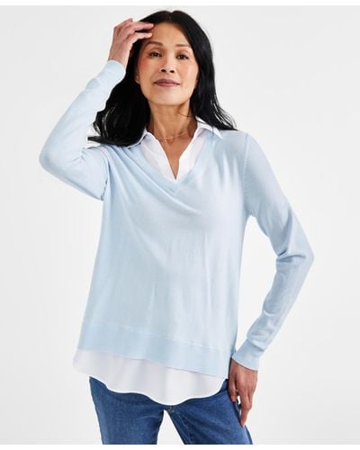 Style & Co. Petite Two For One V-neck Pullover Sweater - Blue