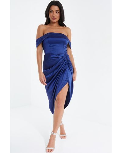 Quiz Satin Bardot Ruched Midi Dress - Blue