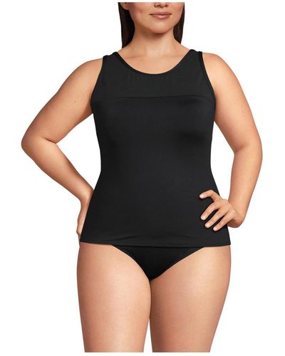 Lands' End Plus Size Chlorine Resistant Smoothing Control Mesh High Neck Tankini Swimsuit Top - Black