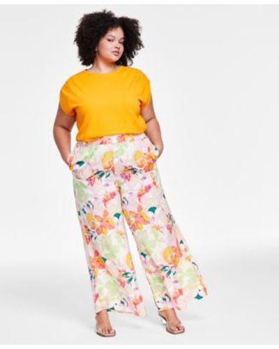 BarIII Trendy Plus Size Crewneck Bungee Top Printed Pull On Wide Leg Pants Created For Macys - Orange