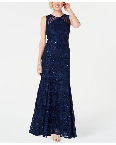 R & M Richards Long Embellished Illusion-detail Lace Gown - Blue