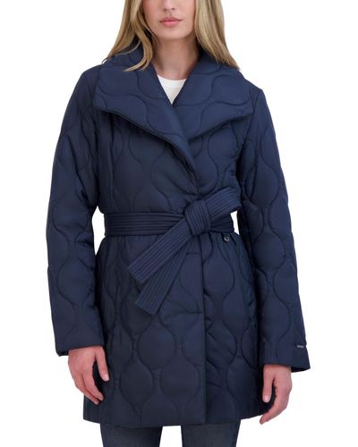 Tahari Belted Asymmetrical Quilted Coat - Blue
