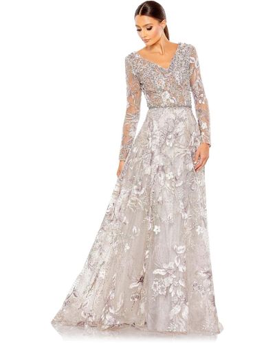 Mac Duggal Long Sleeve Beaded Applique Gown - White