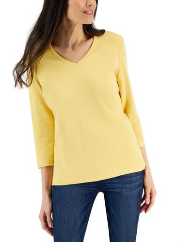 Karen Scott Petite 3/4-sleeve V-neck Top - Yellow