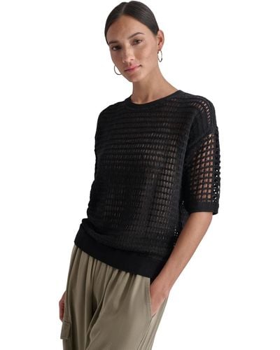 DKNY Round-neck Short-sleeve Open-crochet Sweater - Black