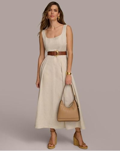 Donna Karan Belted Linen-blend Sleeveless Fit & Flare Dress - Natural