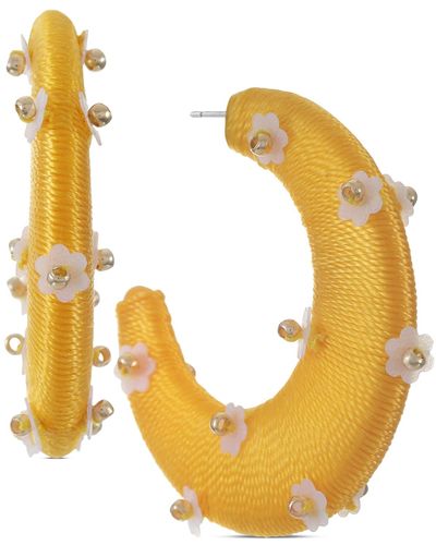 INC International Concepts Gold-tone Flower-bead Thread-wrapped C-hoop Earrings - Yellow