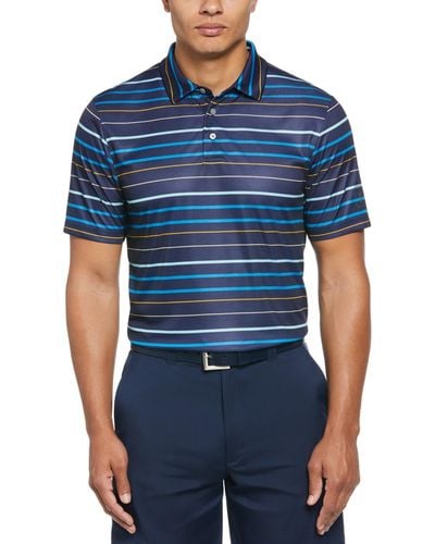 PGA TOUR Fine Line Print Short Sleeve Golf Polo Shirt - Blue