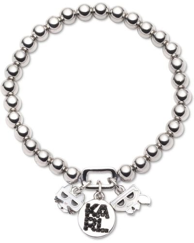 Karl Lagerfeld Silver-tone Logo Charm Beaded Stretch Bracelet - Black