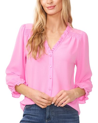 Cece Ruffled Button Front 3/4-sleeve Blouse - Pink