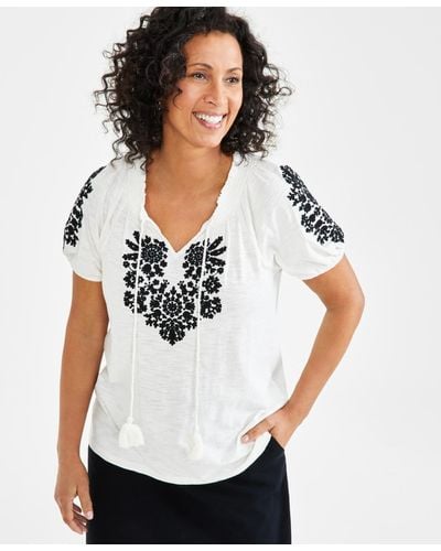 Style & Co. Petite Vacay Embroidered Tassel-tie Top - White