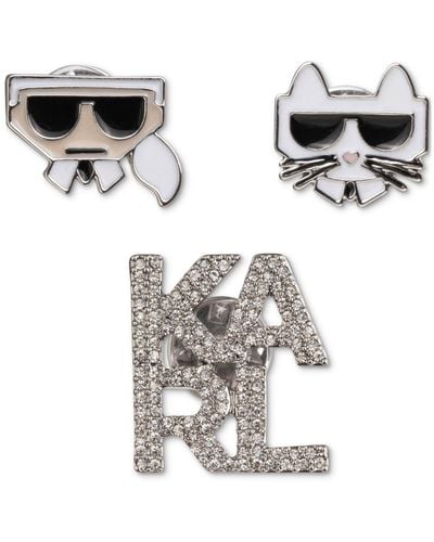 Karl Lagerfeld Silver-tone 3-pc. Set Pave Logo & Choupette Pins - Metallic