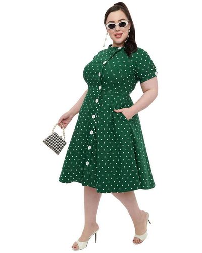 Unique Vintage Plus Size 1950s Contrast Button Swing Dress - Green