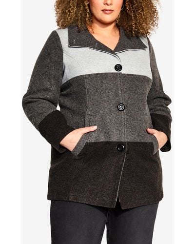 Avenue Plus Size Color Block Stripe Button Front Jacket - Gray