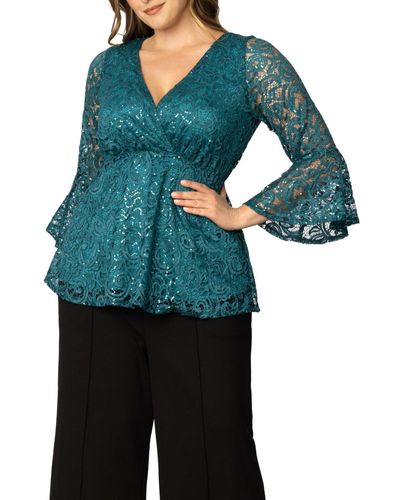 Kiyonna Plus Size Sequin Sparkle Bell Sleeve Lace Top - Blue