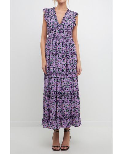 Free the Roses Floral Ruffle Detail Long Dress - Purple