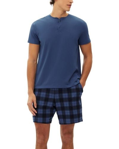 Gap 2-pc. Solid Henley & Plaid Pajama Shorts Set - Blue