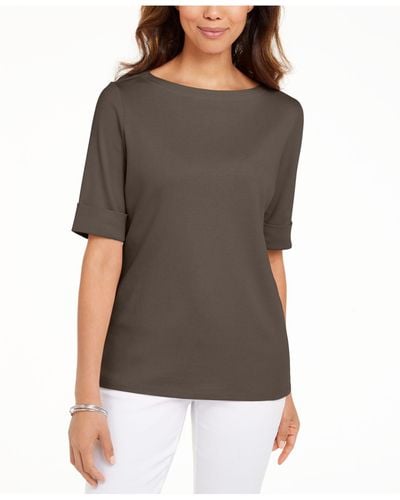 Karen Scott Petite Cotton Elbow-sleeve T-shirt, Created For Macy's - Brown