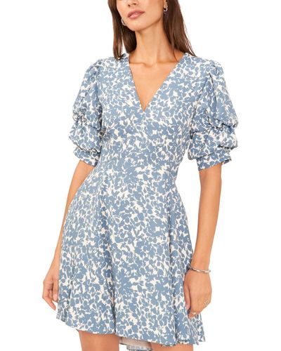 1.STATE Printed V-neck Tiered Bubble Puff Sleeve Mini Dress - Blue