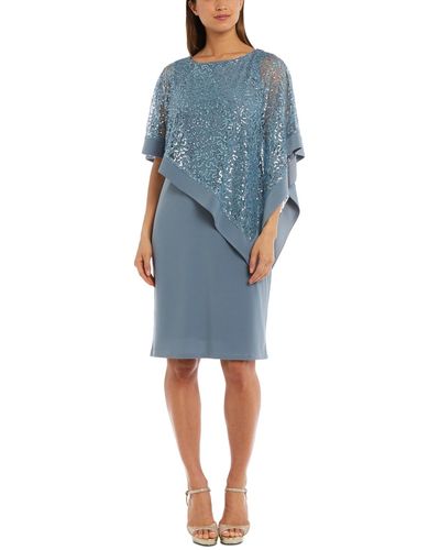 R & M Richards Sequin Lace Asymmetrical Cape Dress - Blue