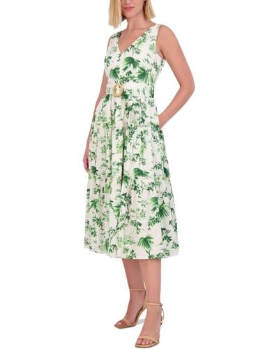 Vince Camuto Petite Printed V-neck Belted Cotton Midi Dress - Green