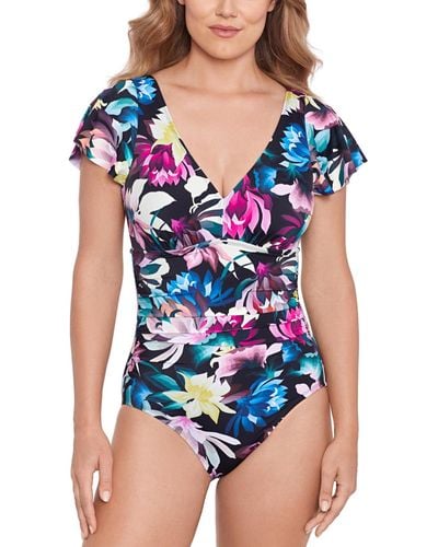 Swim Solutions Floral-print Flutter-sleeve One-piece Swimsuit - Blue