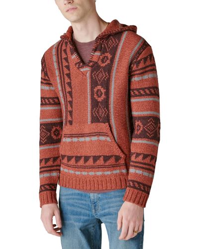 Lucky Brand Southwestern Print Hooded Baja Sweater - Red