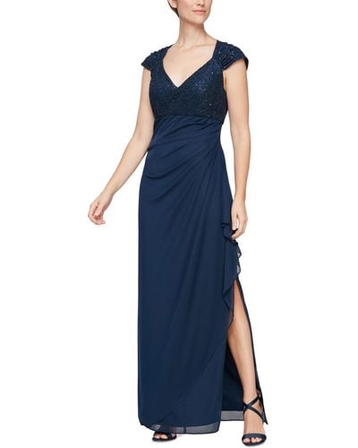 Alex Evenings Lace-bodice Cap-sleeve Gown - Blue