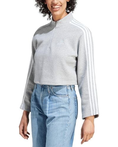 adidas Fleece Quarter-zip 3-striped Cropped Sweatshirt - Blue