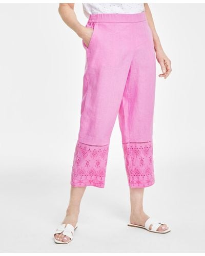 Charter Club 100% Linen Eyelet-trim Pull-on Pants - Pink