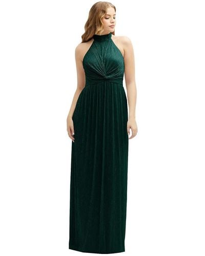After Six Plus Size Band Collar Halter Open-back Metallic Pleated Maxi Dress - Green