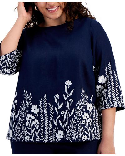 Charter Club Plus Size 100% Linen Embroidered Top - Blue