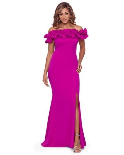 Xscape Long Crepe Off The Shoulder Ruffle Gown Shorts - Pink