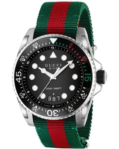 Gucci Dive Green & Red Nylon Strap Watch 44mm - Black