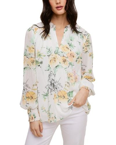 Fever Printed Yoryu Blouse With Smocked Cuff - White