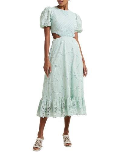 French Connection Esse Eyelet Cutout Puff-sleeve Cotton Midi Dress - Green