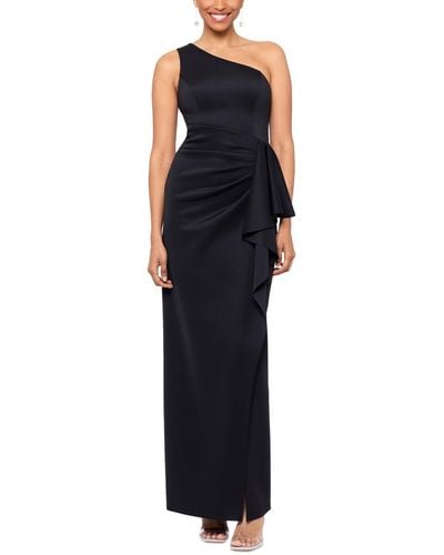 Xscape Petite One-shoulder Side-drape High-slit Gown - Black