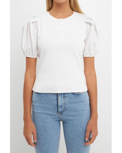 English Factory Mixed Media Puff Sleeve Henley Top - White