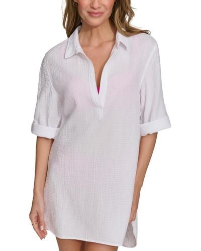 DKNY Gauze Beach Tunic Cotton Cover-up Dress - White