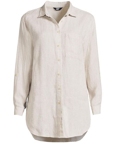 Lands' End Linen Roll Sleeve Over D Relaxed Tunic Top - White