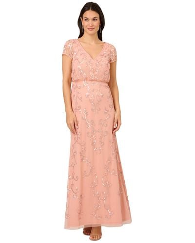 Adrianna Papell V-neck Beaded Short-sleeve Gown - Pink